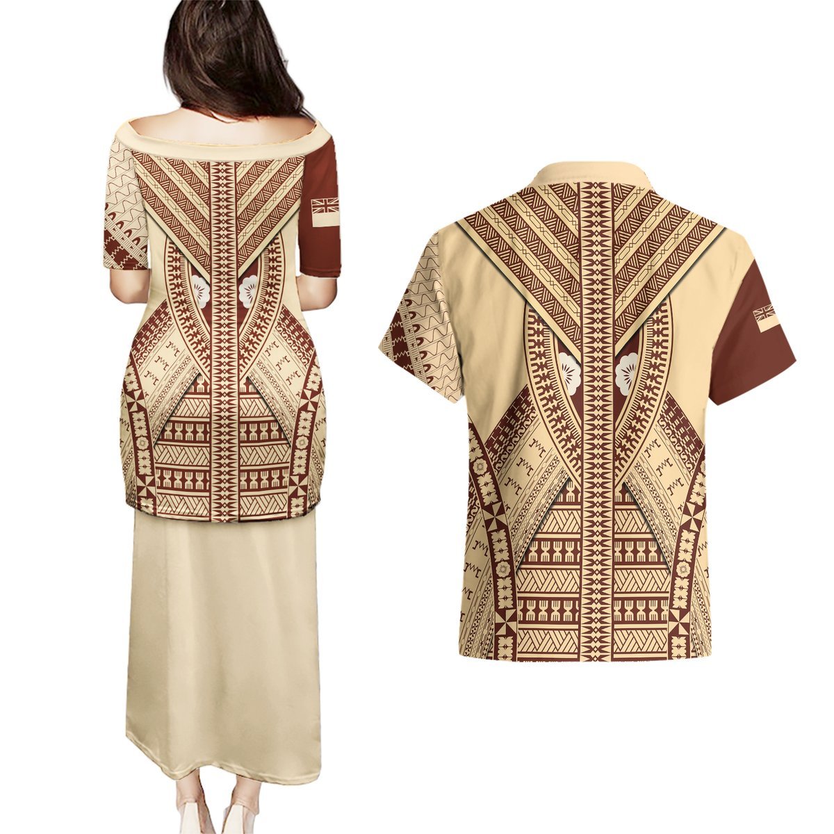 Fiji Bula Couples Matching Puletasi Dress and Hawaiian Shirt Tapa Pattern Design DT02 - Polynesian Pride