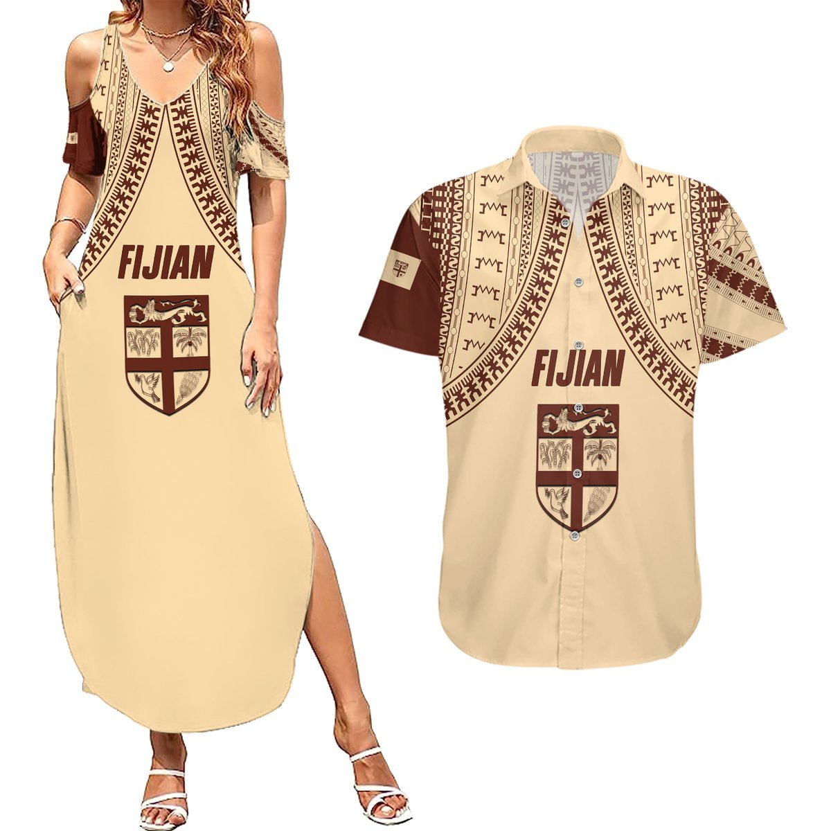 Fiji Bula Couples Matching Summer Maxi Dress and Hawaiian Shirt Tapa Pattern Design DT02 Beige - Polynesian Pride