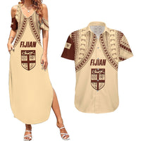 Fiji Bula Couples Matching Summer Maxi Dress and Hawaiian Shirt Tapa Pattern Design DT02 Beige - Polynesian Pride