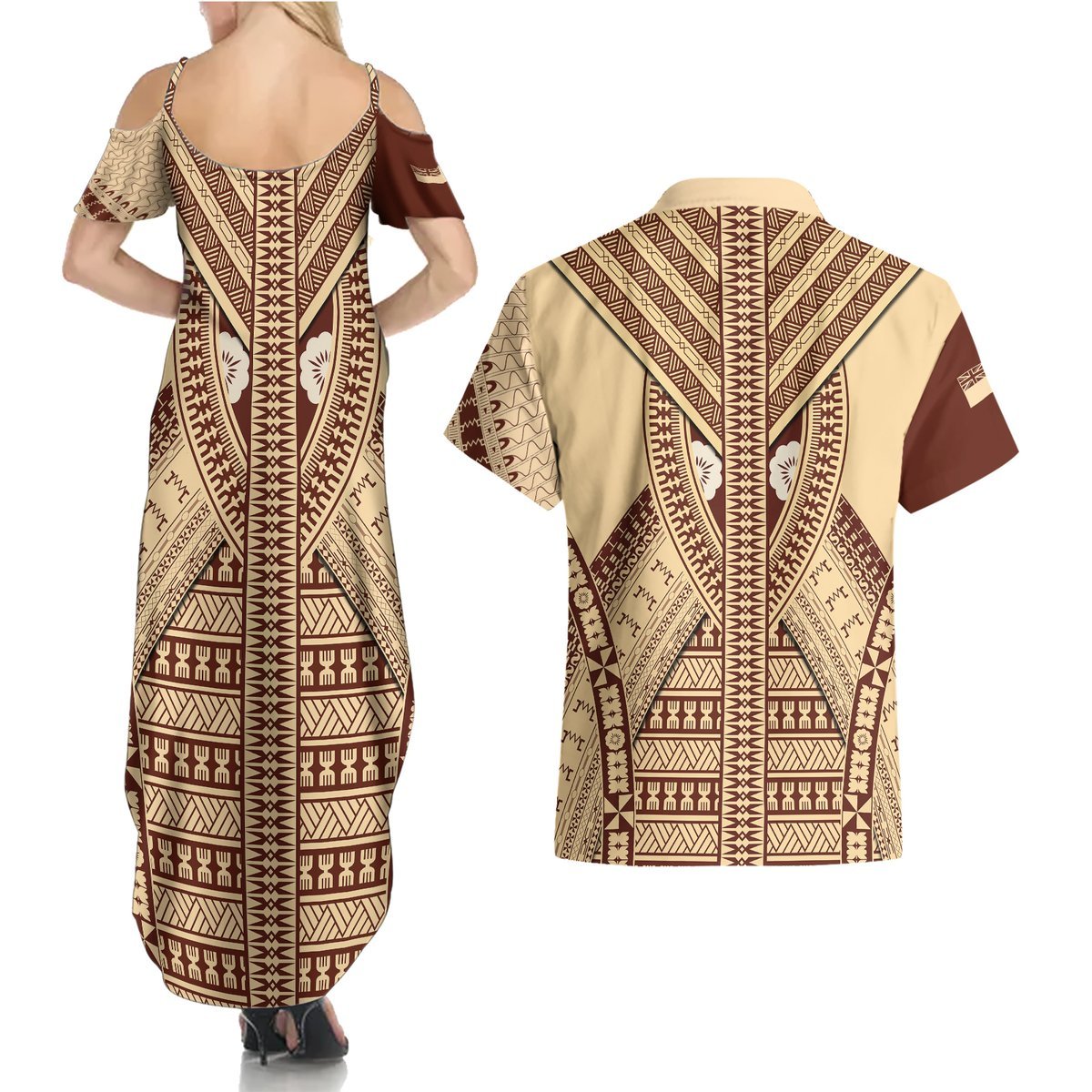 Fiji Bula Couples Matching Summer Maxi Dress and Hawaiian Shirt Tapa Pattern Design DT02 - Polynesian Pride