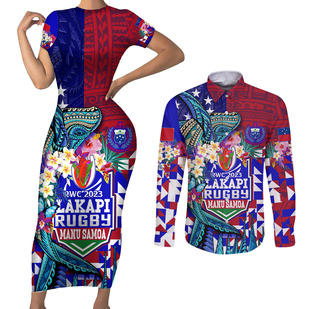 manu-samoa-rugby-2023-couples-matching-short-sleeve-bodycon-dress-and-long-sleeve-button-shirts-humpback-whale-hexagon-tribal-tropical-style