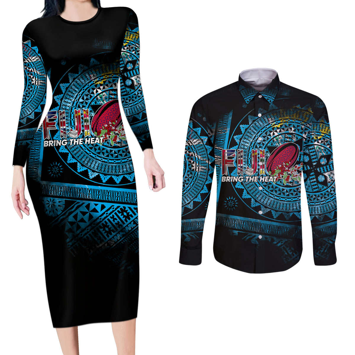 Fiji Rugby Couples Matching Long Sleeve Bodycon Dress and Long Sleeve Button Shirts Bring The Heat DT02 Blue - Polynesian Pride