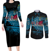 Fiji Rugby Couples Matching Long Sleeve Bodycon Dress and Long Sleeve Button Shirts Bring The Heat DT02 Blue - Polynesian Pride