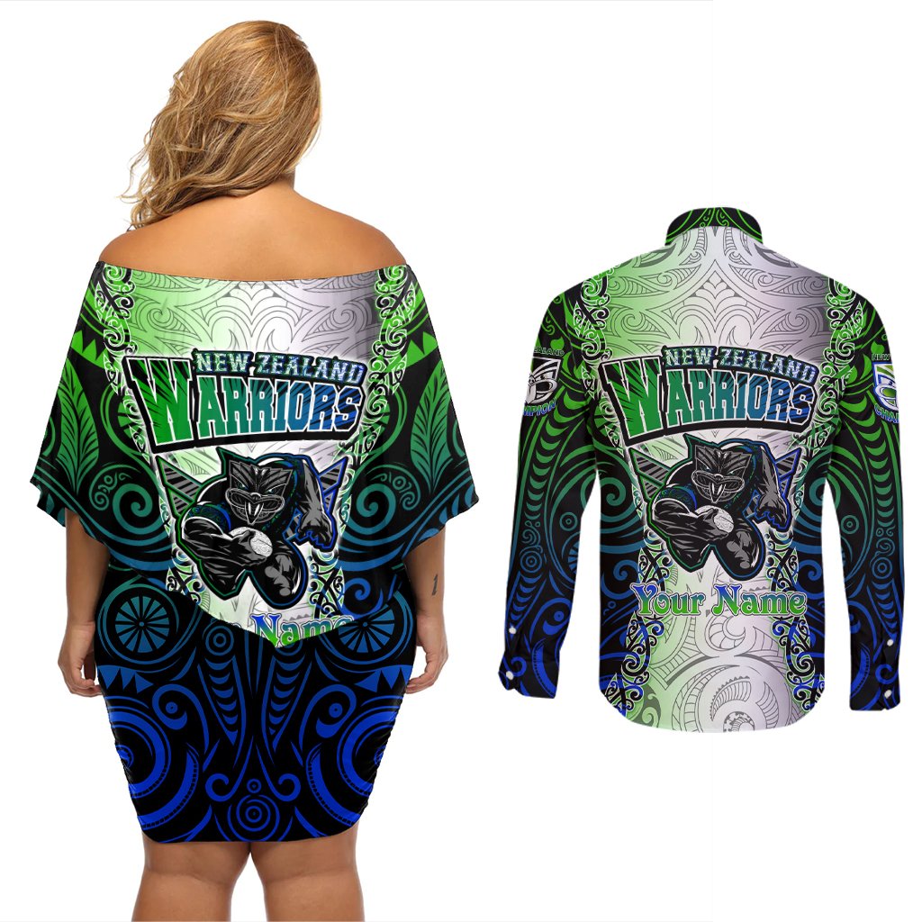 Personalised New Zealand Warriors Couples Matching Off Shoulder Short Dress and Long Sleeve Button Shirt Maori Silver Fern Green DT02 - Polynesian Pride