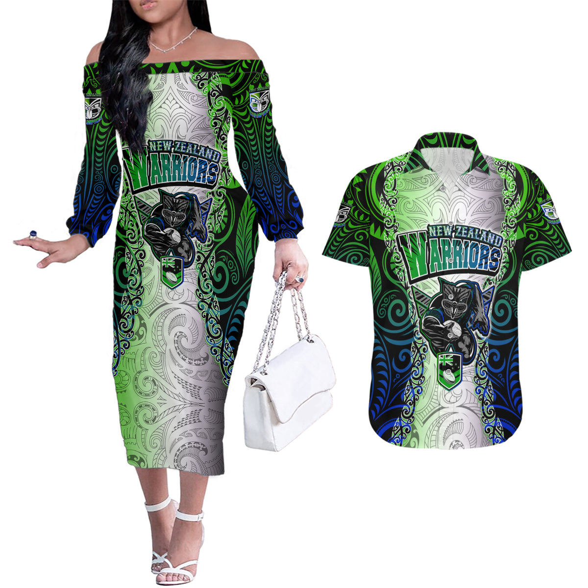 Personalised New Zealand Warriors Couples Matching Off The Shoulder Long Sleeve Dress and Hawaiian Shirt Maori Silver Fern Green DT02 Green - Polynesian Pride