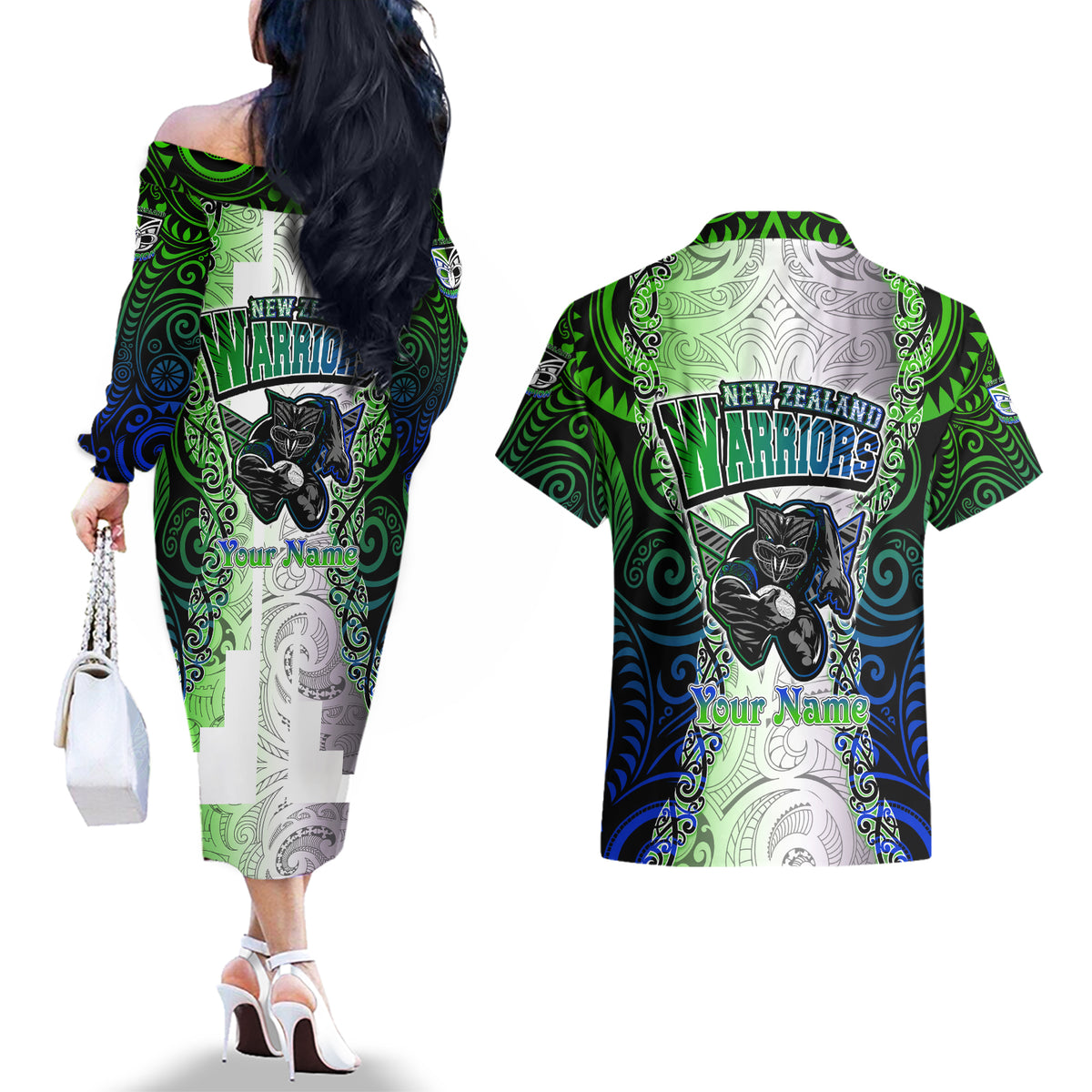 Personalised New Zealand Warriors Couples Matching Off The Shoulder Long Sleeve Dress and Hawaiian Shirt Maori Silver Fern Green DT02 - Polynesian Pride