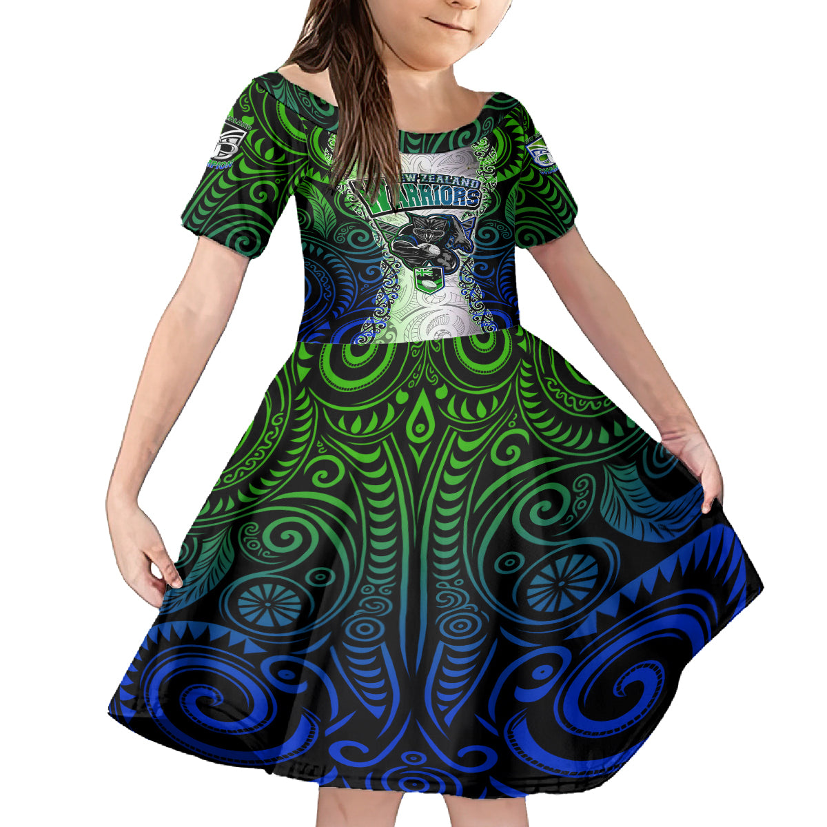 Personalised New Zealand Warriors Family Matching Long Sleeve Bodycon Dress and Hawaiian Shirt Maori Silver Fern Green DT02 Daughter's Dress Green - Polynesian Pride