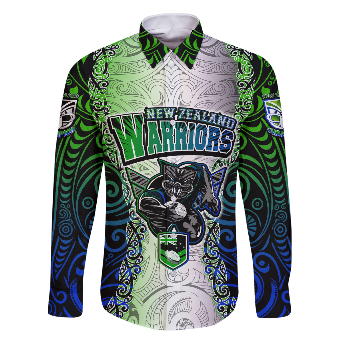 Personalised New Zealand Warriors Family Matching Summer Maxi Dress and Hawaiian Shirt Maori Silver Fern Green DT02 Dad's Shirt - Long Sleeve Green - Polynesian Pride