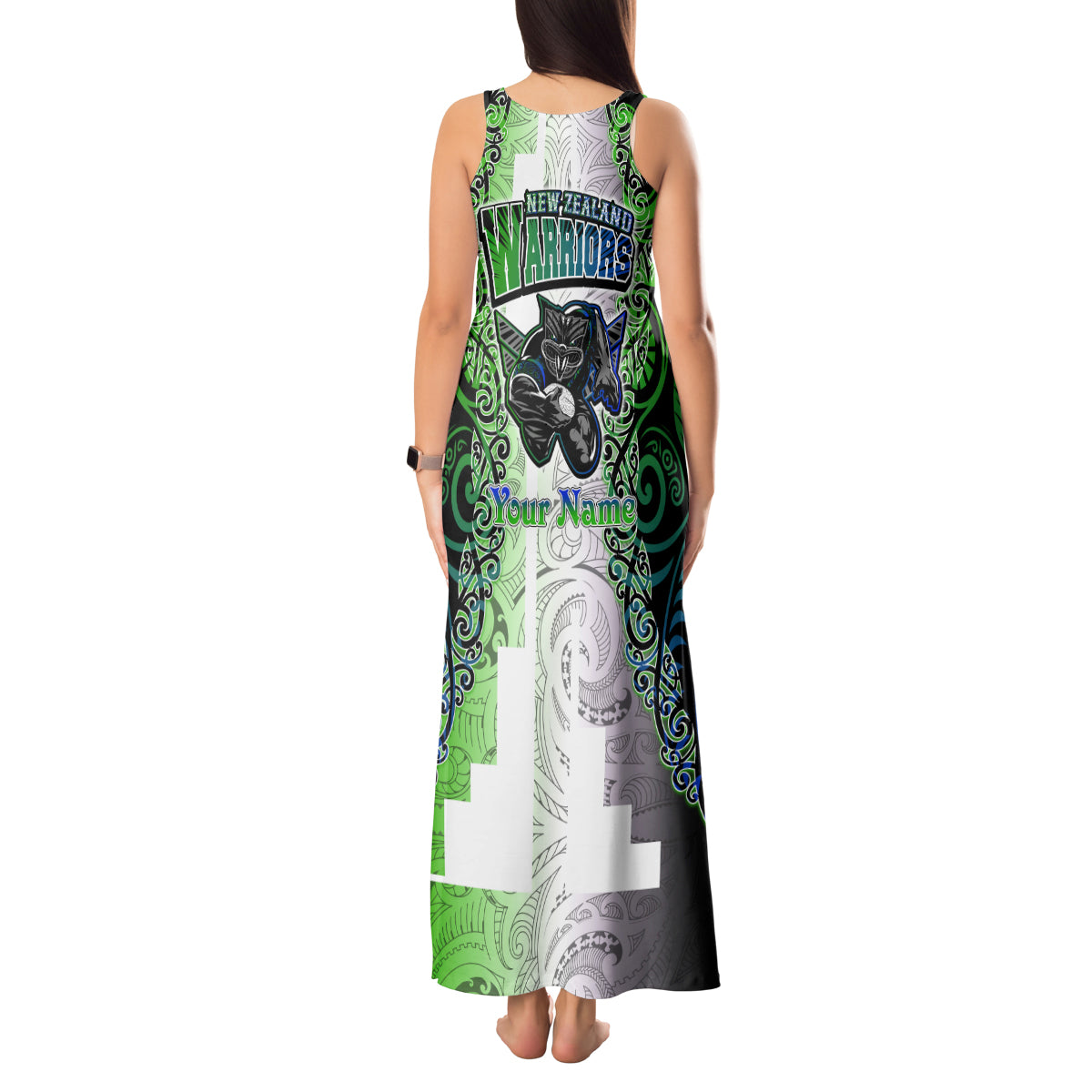 Personalised New Zealand Warriors Tank Maxi Dress Maori Silver Fern Green DT02 - Polynesian Pride