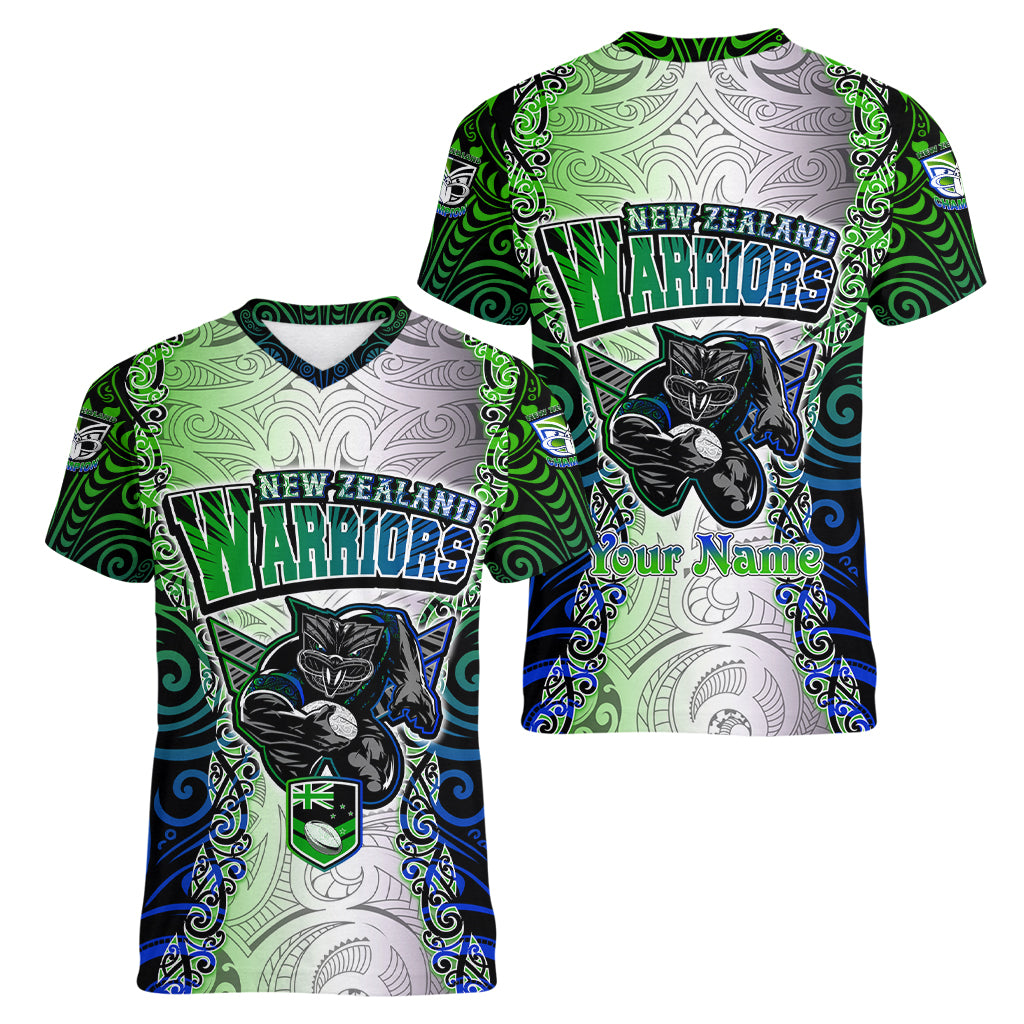 Personalised New Zealand Warriors Women V Neck T Shirt Maori Silver Fern Green DT02 - Polynesian Pride