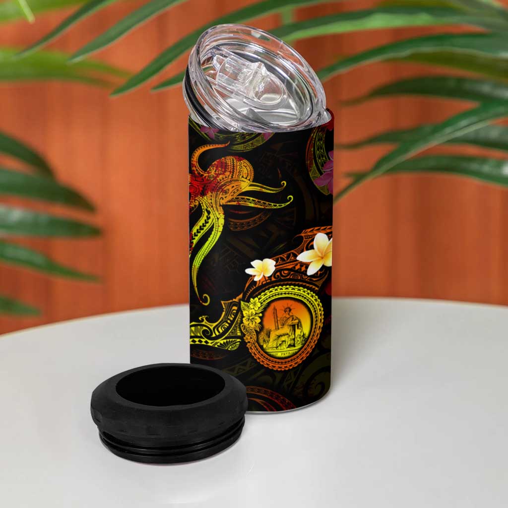 Wallis and Futuna 4 in 1 Can Cooler Tumbler Octopus Plumeria Polynesian Tattoo