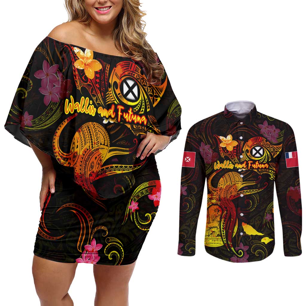 Wallis and Futuna Couples Matching Off Shoulder Short Dress and Long Sleeve Button Shirt Octopus Plumeria Polynesian Tattoo