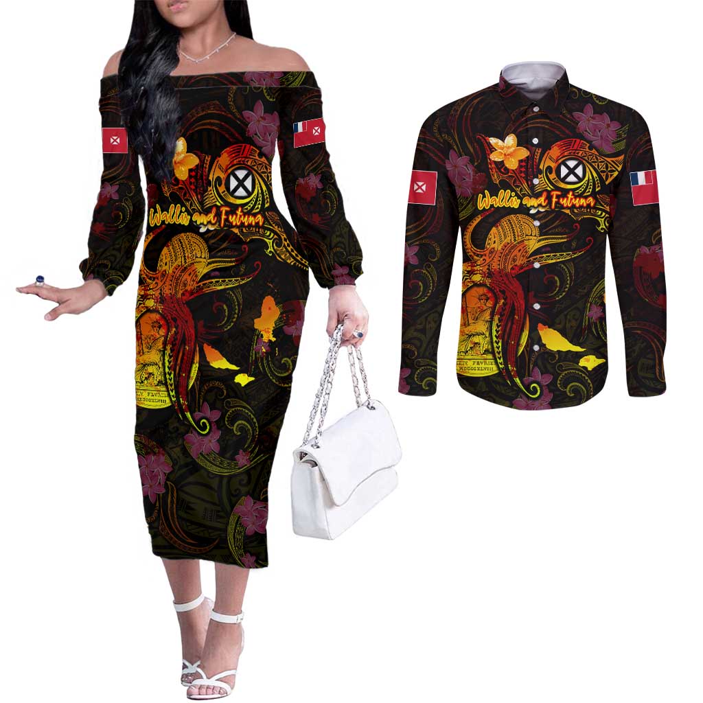 Wallis and Futuna Couples Matching Off The Shoulder Long Sleeve Dress and Long Sleeve Button Shirt Octopus Plumeria Polynesian Tattoo