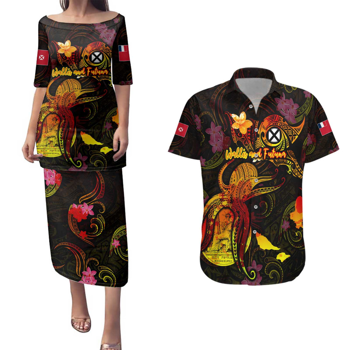 Wallis and Futuna Couples Matching Puletasi and Hawaiian Shirt Octopus Plumeria Polynesian Tattoo