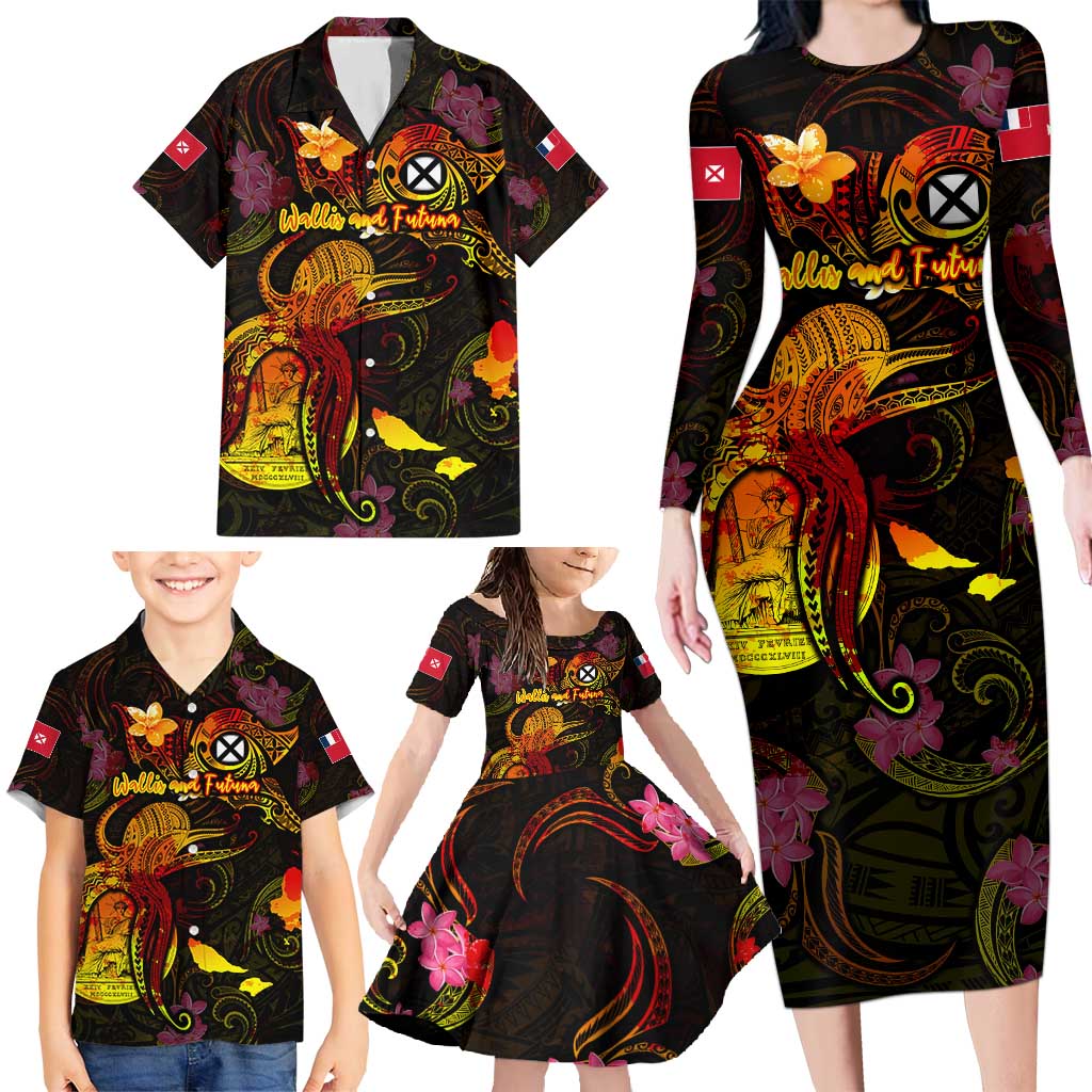 Wallis and Futuna Family Matching Long Sleeve Bodycon Dress and Hawaiian Shirt Octopus Plumeria Polynesian Tattoo