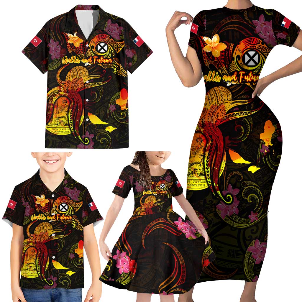 Wallis and Futuna Family Matching Short Sleeve Bodycon Dress and Hawaiian Shirt Octopus Plumeria Polynesian Tattoo