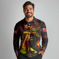 Wallis and Futuna Long Sleeve Polo Shirt Octopus Plumeria Polynesian Tattoo