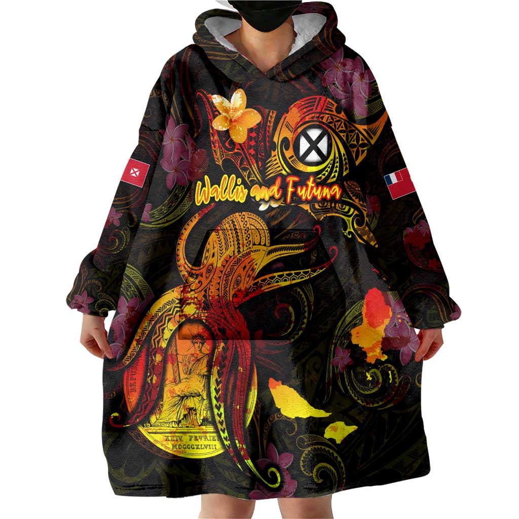 Wallis and Futuna Wearable Blanket Hoodie Octopus Plumeria Polynesian Tattoo