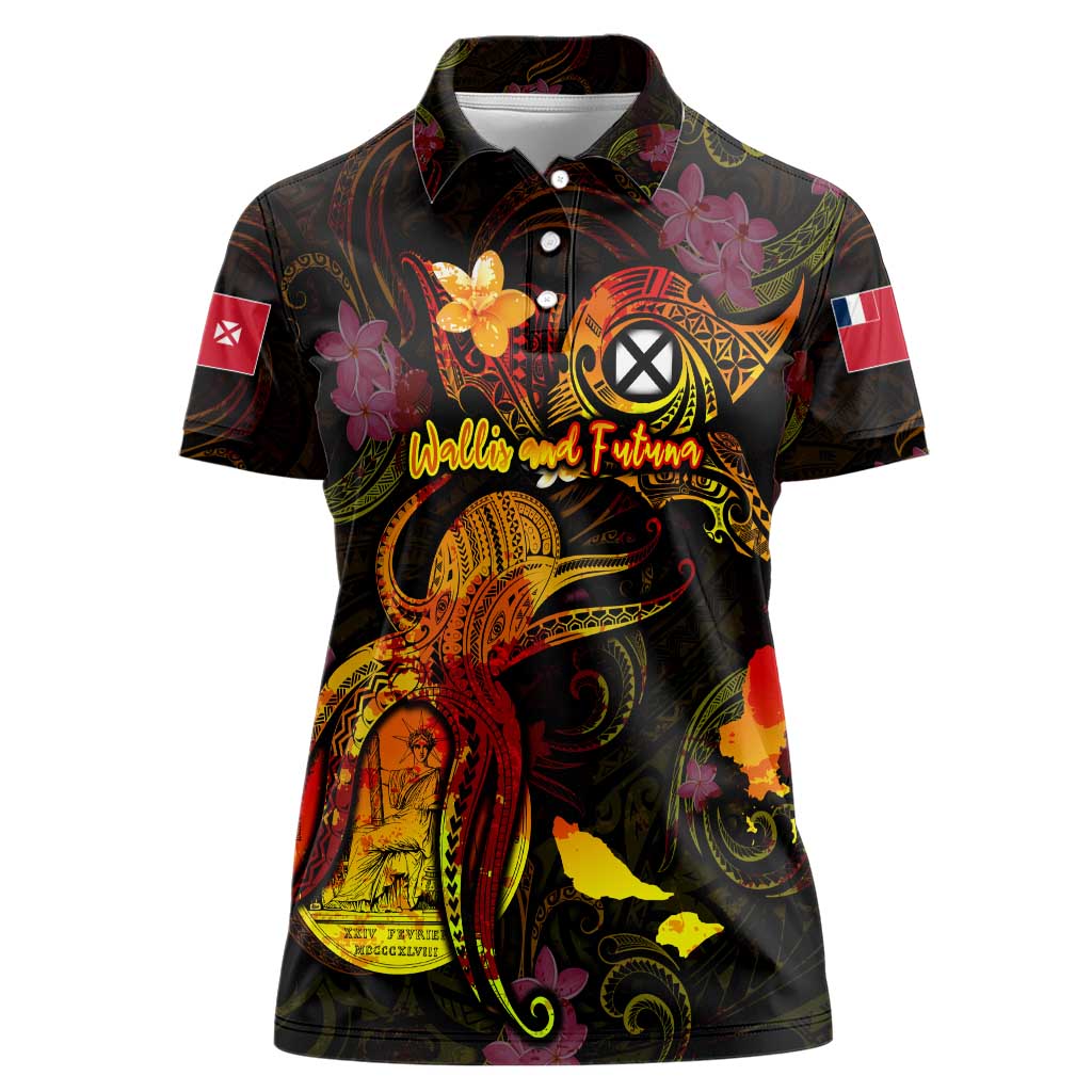 Wallis and Futuna Women Polo Shirt Octopus Plumeria Polynesian Tattoo