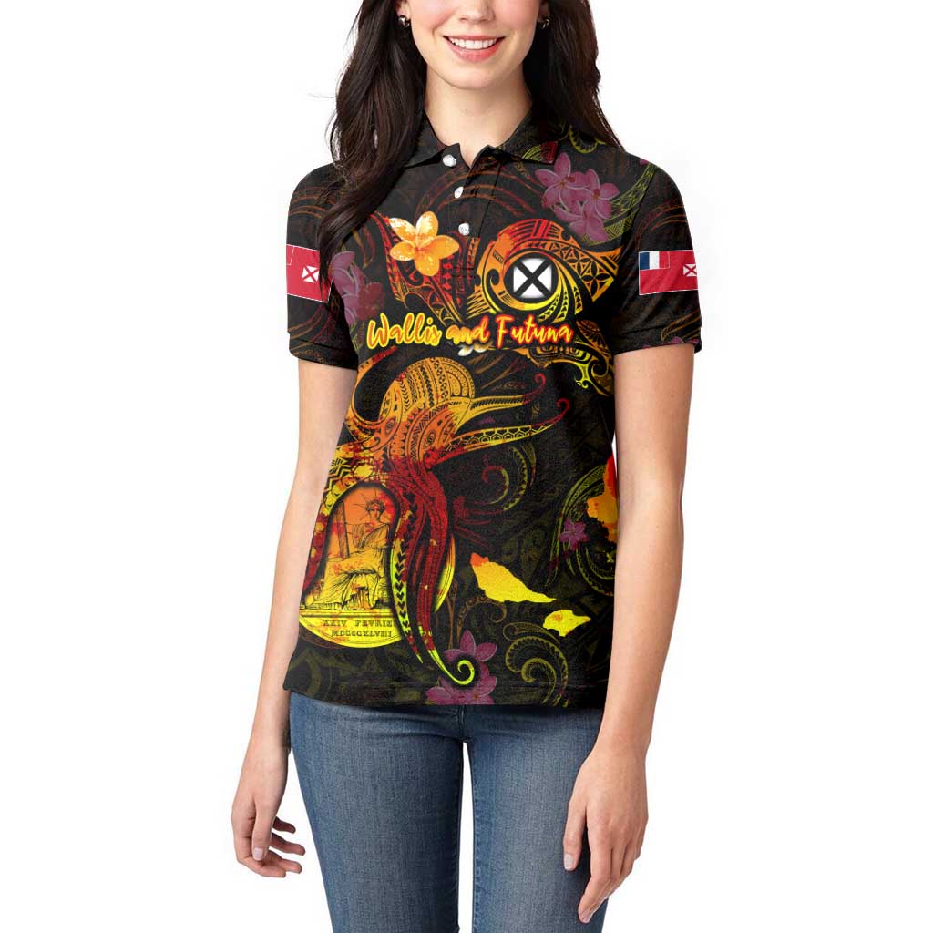 Wallis and Futuna Women Polo Shirt Octopus Plumeria Polynesian Tattoo