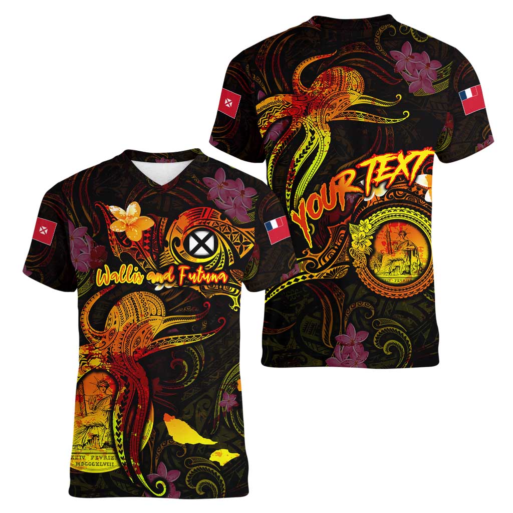 Wallis and Futuna Women V-Neck T-Shirt Octopus Plumeria Polynesian Tattoo