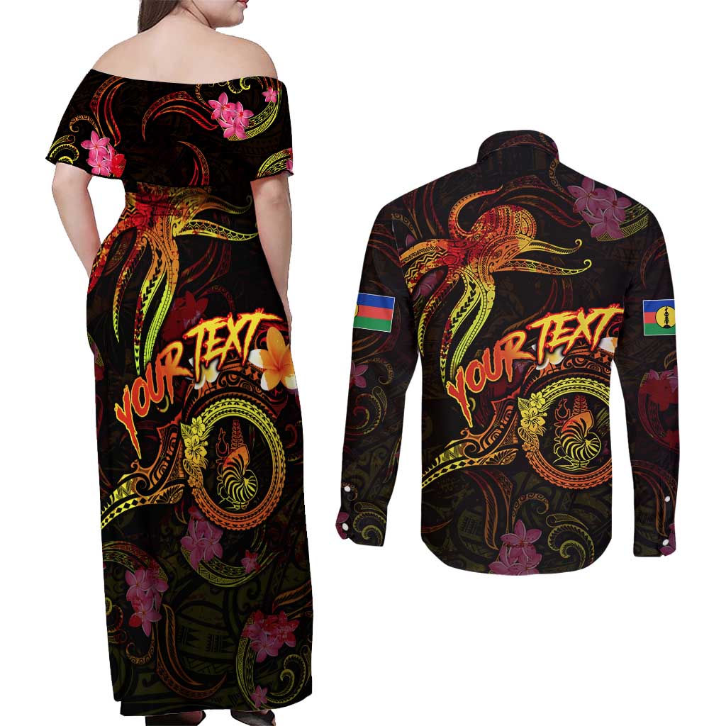 New Caledonia Couples Matching Off Shoulder Maxi Dress and Long Sleeve Button Shirt Octopus Plumeria Polynesian Tattoo