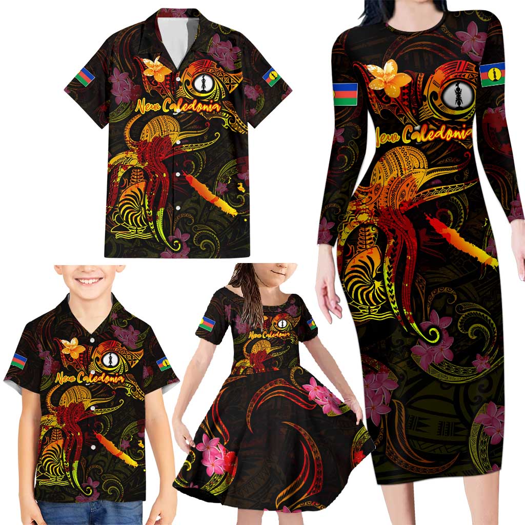 New Caledonia Family Matching Long Sleeve Bodycon Dress and Hawaiian Shirt Octopus Plumeria Polynesian Tattoo