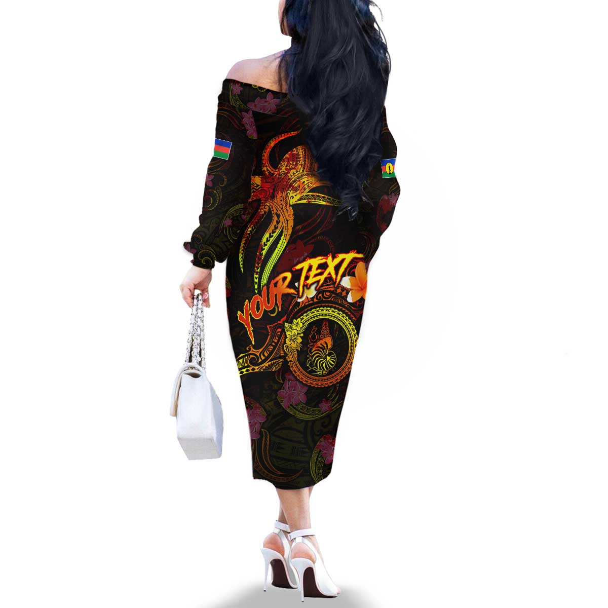 New Caledonia Family Matching Off The Shoulder Long Sleeve Dress and Hawaiian Shirt Octopus Plumeria Polynesian Tattoo
