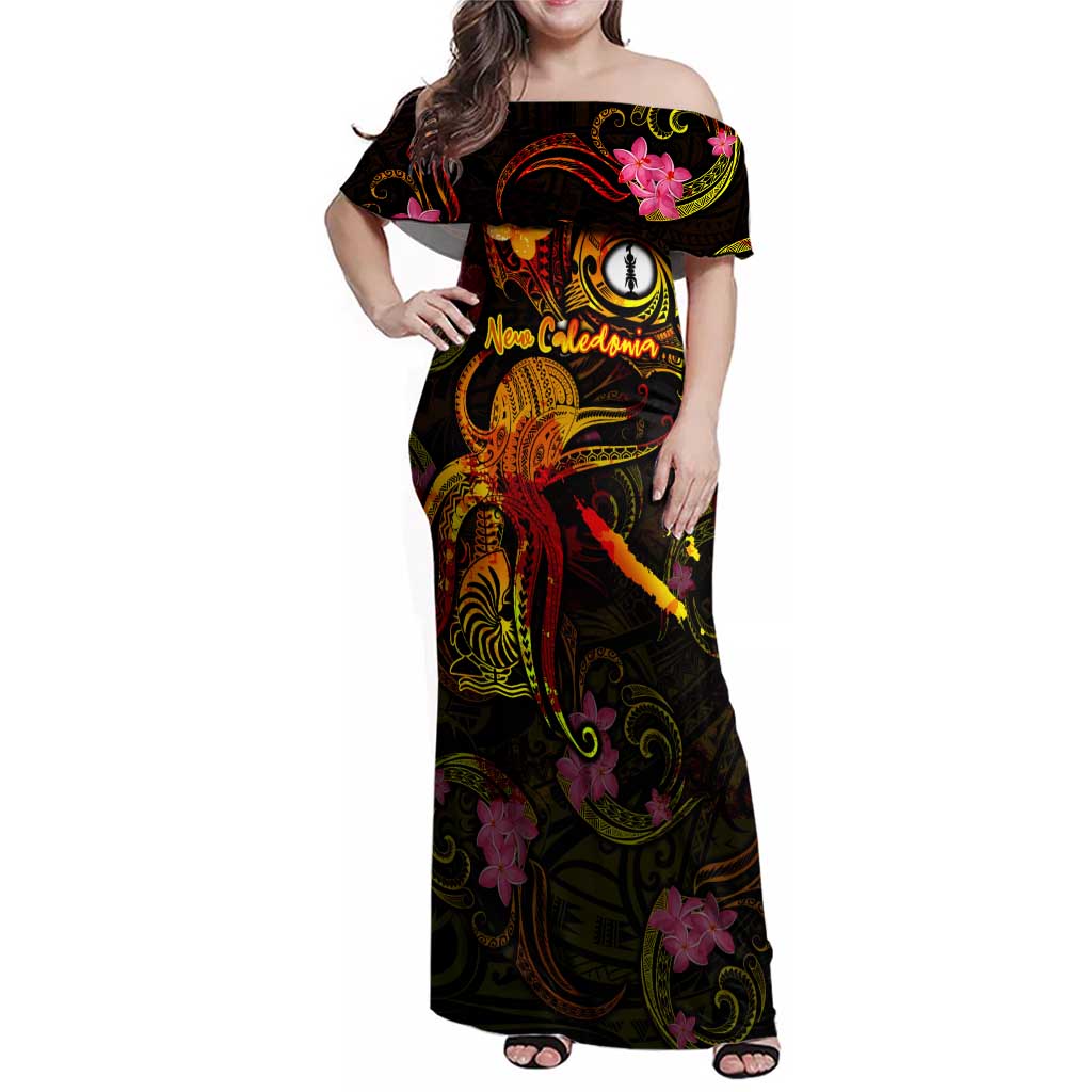 New Caledonia Family Matching Off Shoulder Maxi Dress and Hawaiian Shirt Octopus Plumeria Polynesian Tattoo