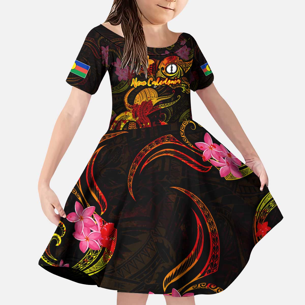 New Caledonia Kid Short Sleeve Dress Octopus Plumeria Polynesian Tattoo