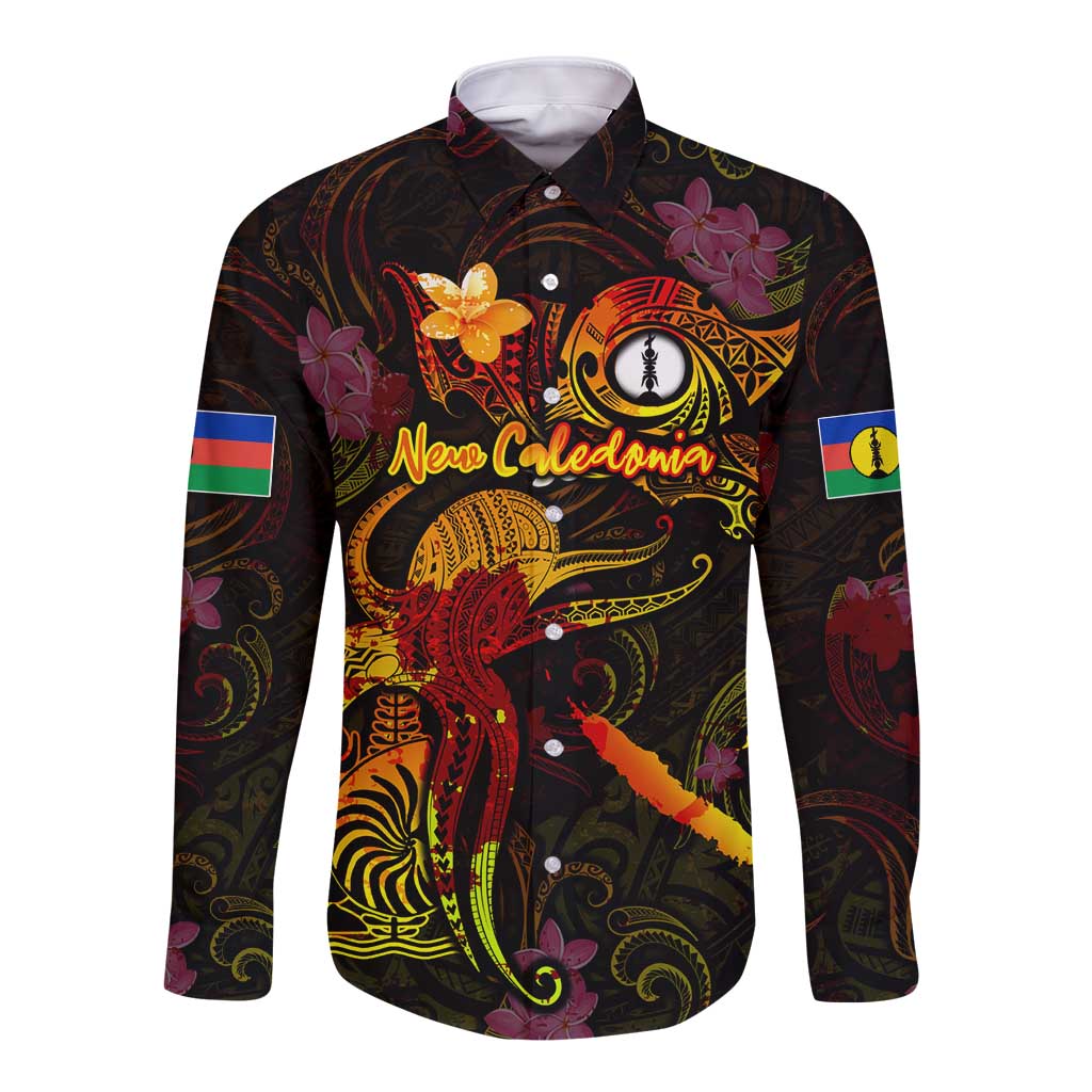 New Caledonia Long Sleeve Button Shirt Octopus Plumeria Polynesian Tattoo