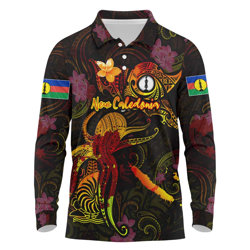 New Caledonia Long Sleeve Polo Shirt Octopus Plumeria Polynesian Tattoo