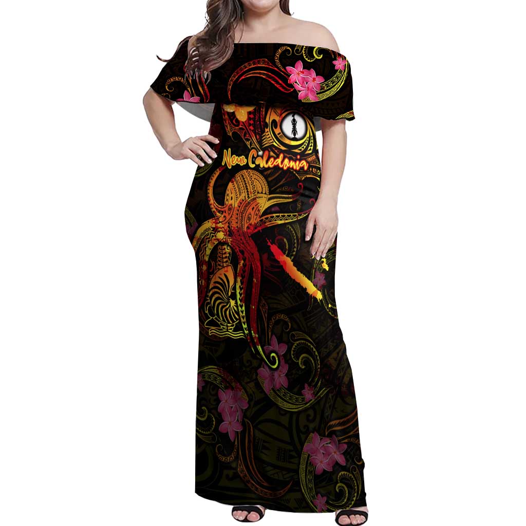 New Caledonia Off Shoulder Maxi Dress Octopus Plumeria Polynesian Tattoo