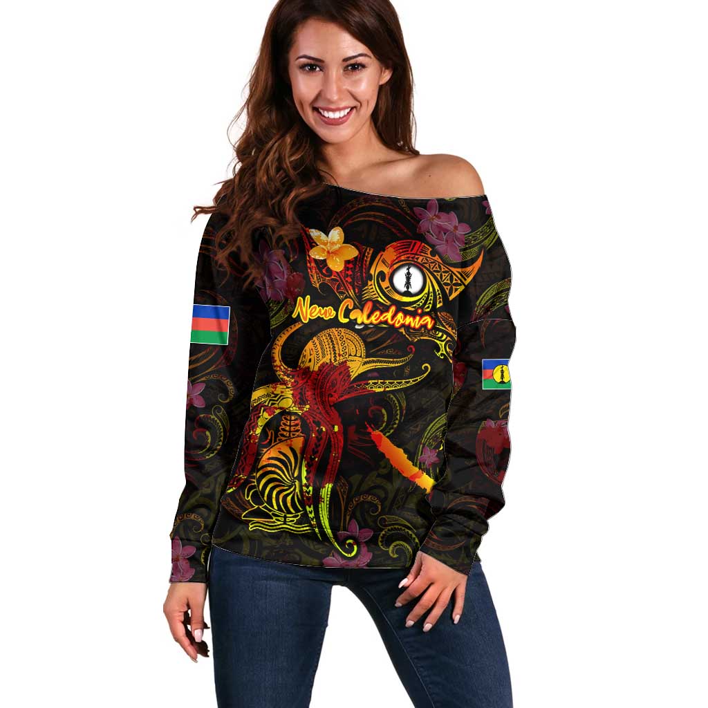 New Caledonia Off Shoulder Sweater Octopus Plumeria Polynesian Tattoo