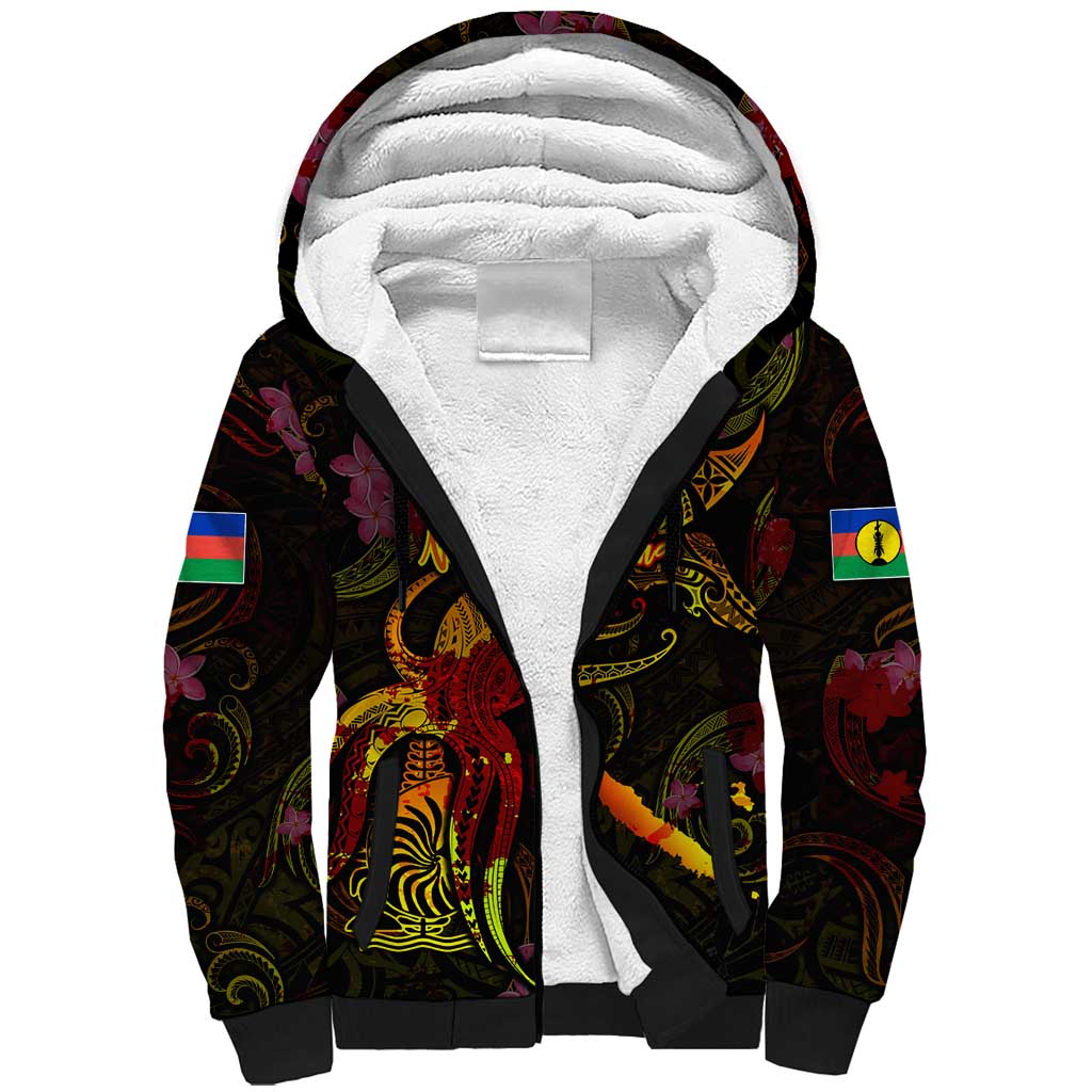 New Caledonia Sherpa Hoodie Octopus Plumeria Polynesian Tattoo