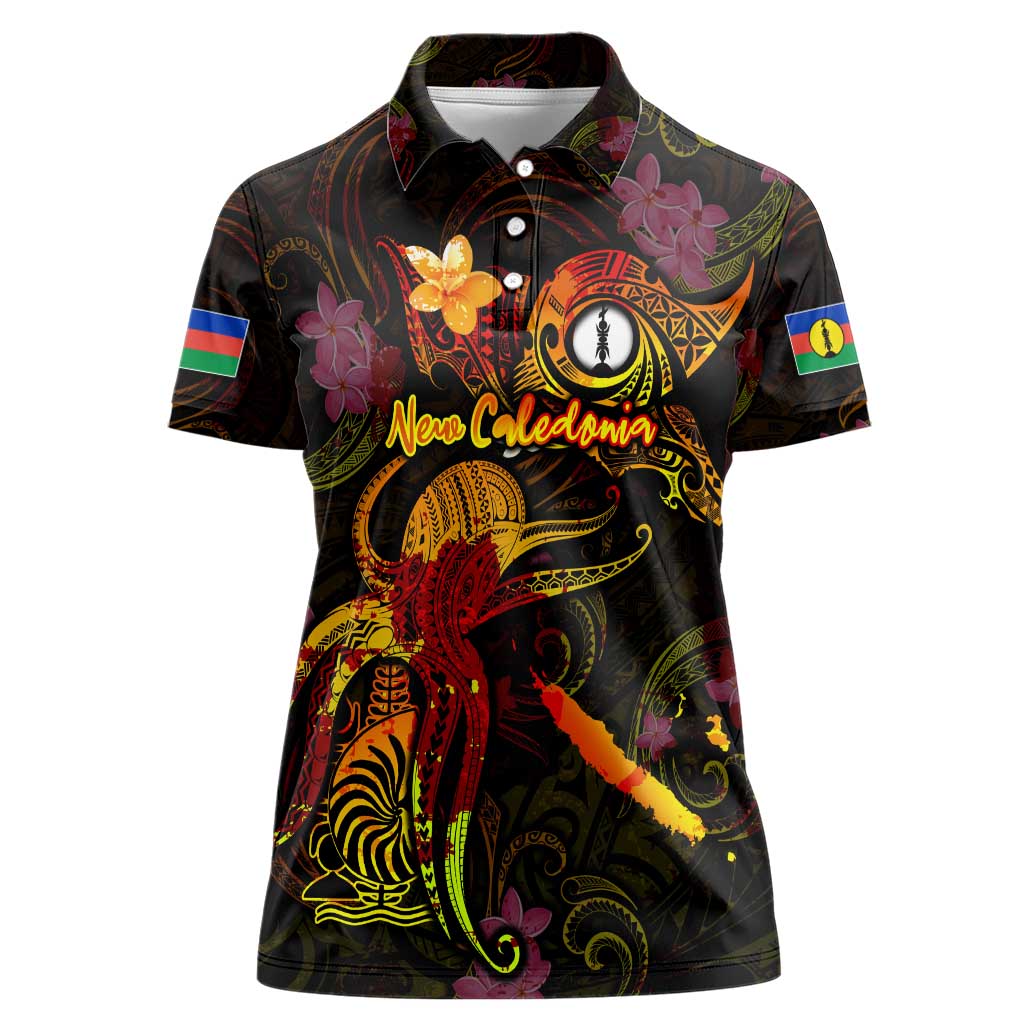 New Caledonia Women Polo Shirt Octopus Plumeria Polynesian Tattoo