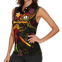 New Caledonia Women Sleeveless Polo Shirt Octopus Plumeria Polynesian Tattoo