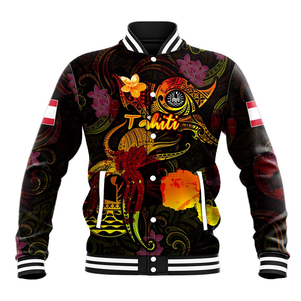 Tahiti French Polynesia Baseball Jacket Octopus Plumeria Polynesian Tattoo
