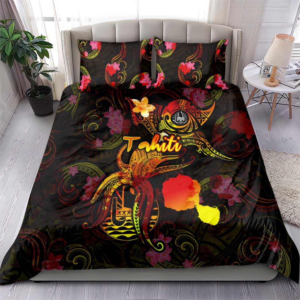 Tahiti French Polynesia Bedding Set Octopus Plumeria Polynesian Tattoo