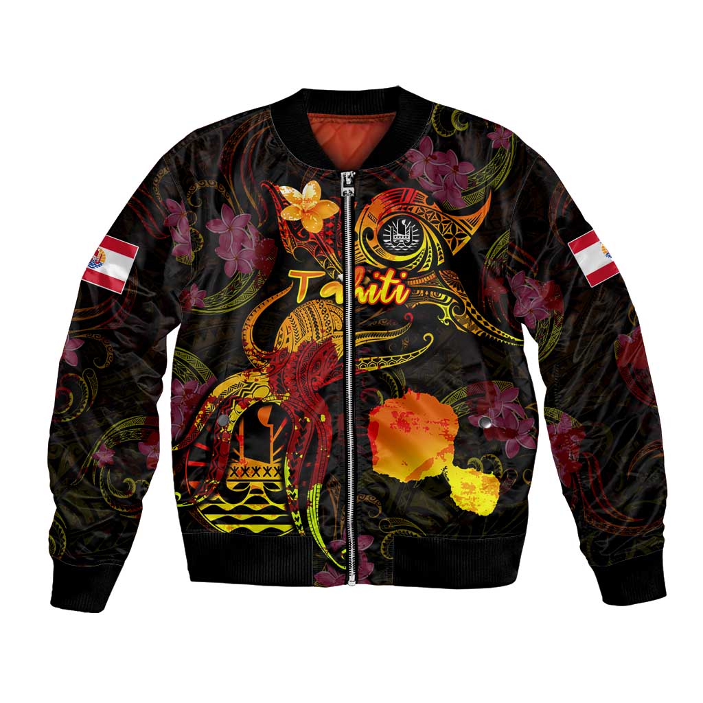 Tahiti French Polynesia Bomber Jacket Octopus Plumeria Polynesian Tattoo