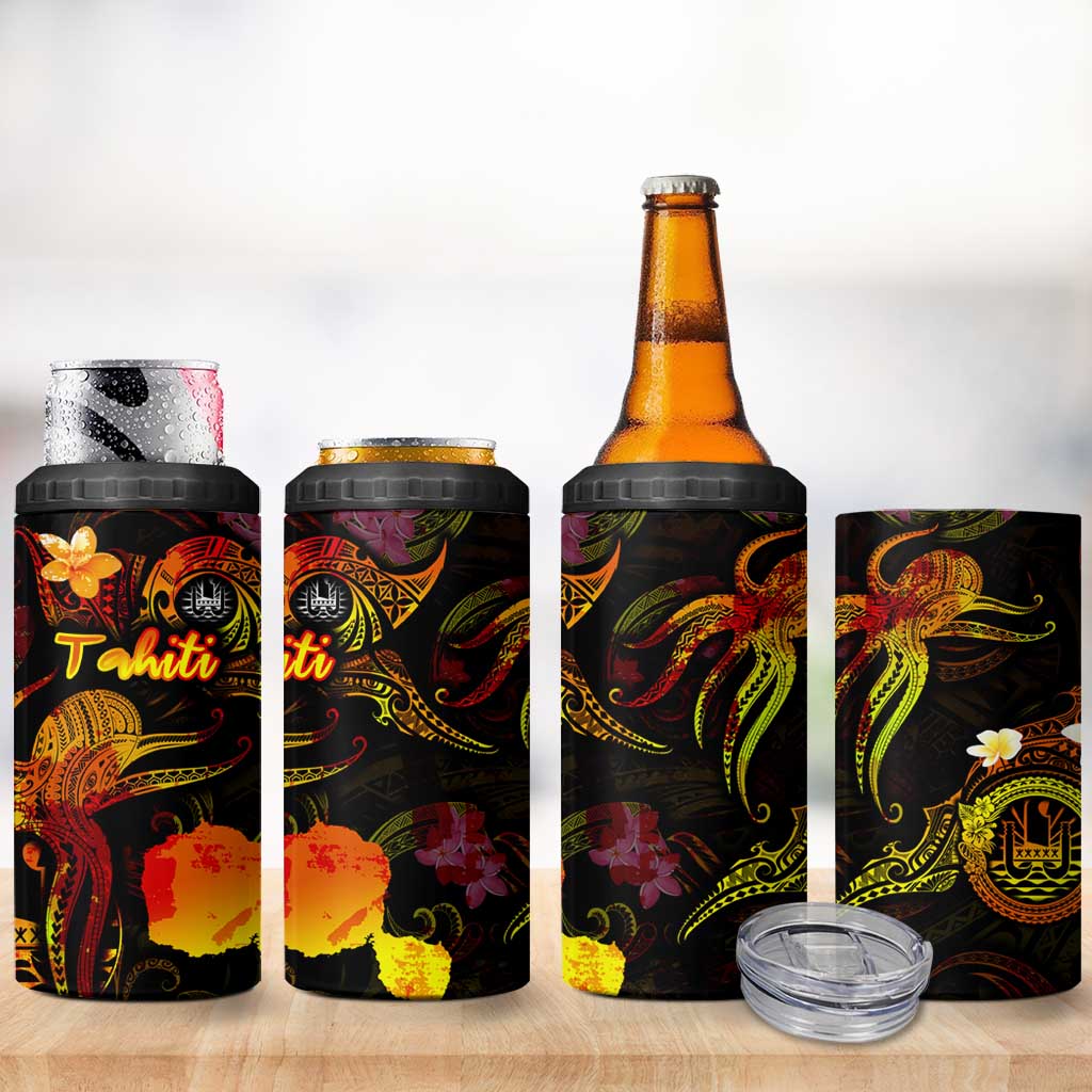 Tahiti French Polynesia 4 in 1 Can Cooler Tumbler Octopus Plumeria Polynesian Tattoo