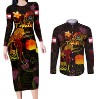 Tahiti French Polynesia Couples Matching Long Sleeve Bodycon Dress and Long Sleeve Button Shirt Octopus Plumeria Polynesian Tattoo