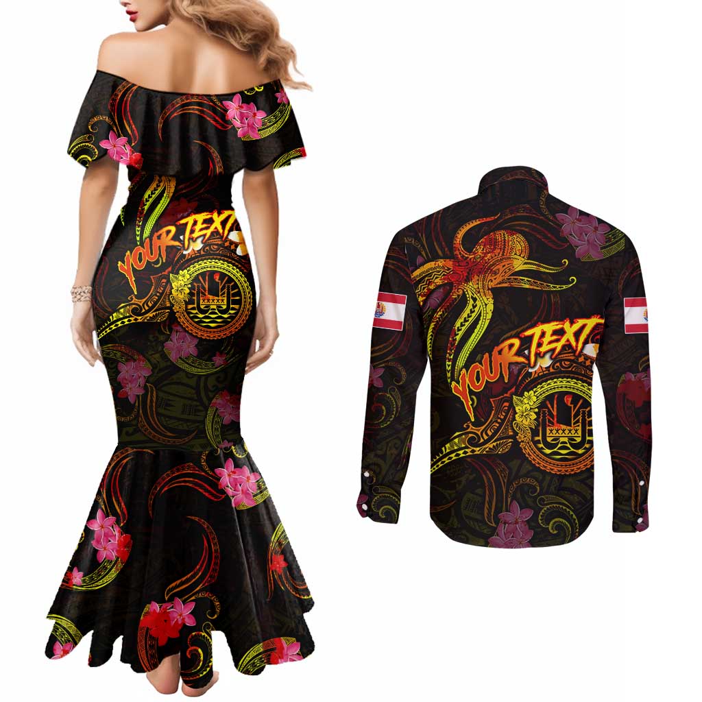 Tahiti French Polynesia Couples Matching Mermaid Dress and Long Sleeve Button Shirt Octopus Plumeria Polynesian Tattoo