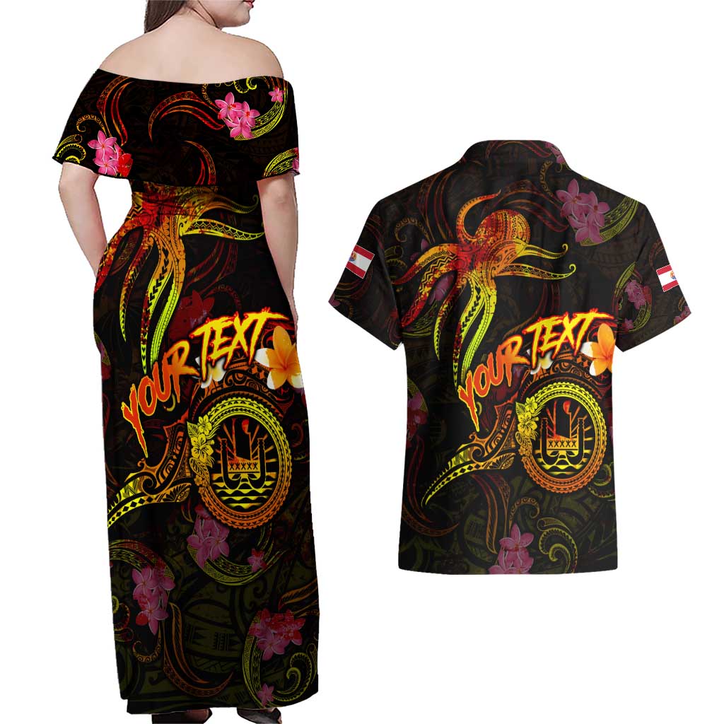 Tahiti French Polynesia Couples Matching Off Shoulder Maxi Dress and Hawaiian Shirt Octopus Plumeria Polynesian Tattoo