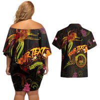 Tahiti French Polynesia Couples Matching Off Shoulder Short Dress and Hawaiian Shirt Octopus Plumeria Polynesian Tattoo