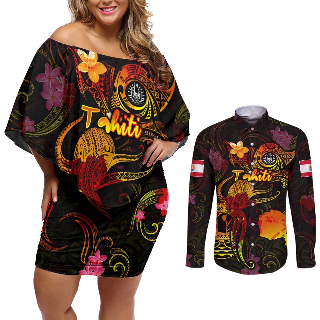 Tahiti French Polynesia Couples Matching Off Shoulder Short Dress and Long Sleeve Button Shirt Octopus Plumeria Polynesian Tattoo
