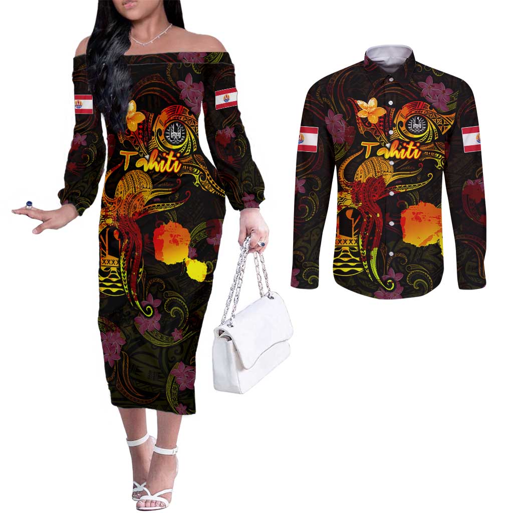 Tahiti French Polynesia Couples Matching Off The Shoulder Long Sleeve Dress and Long Sleeve Button Shirt Octopus Plumeria Polynesian Tattoo