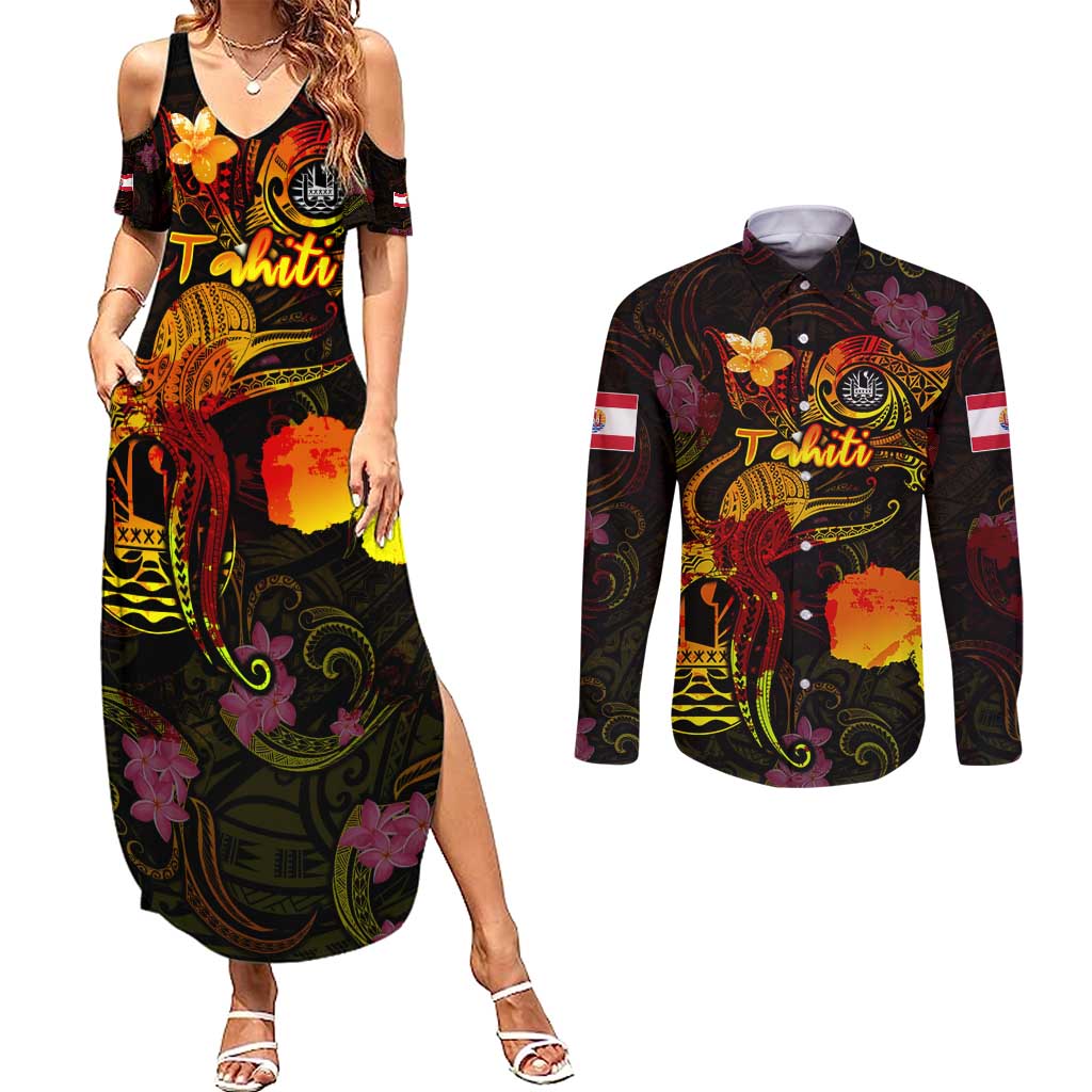 Tahiti French Polynesia Couples Matching Summer Maxi Dress and Long Sleeve Button Shirt Octopus Plumeria Polynesian Tattoo