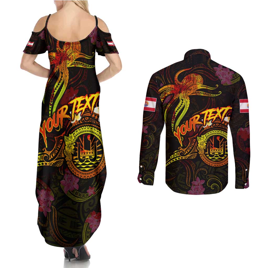 Tahiti French Polynesia Couples Matching Summer Maxi Dress and Long Sleeve Button Shirt Octopus Plumeria Polynesian Tattoo