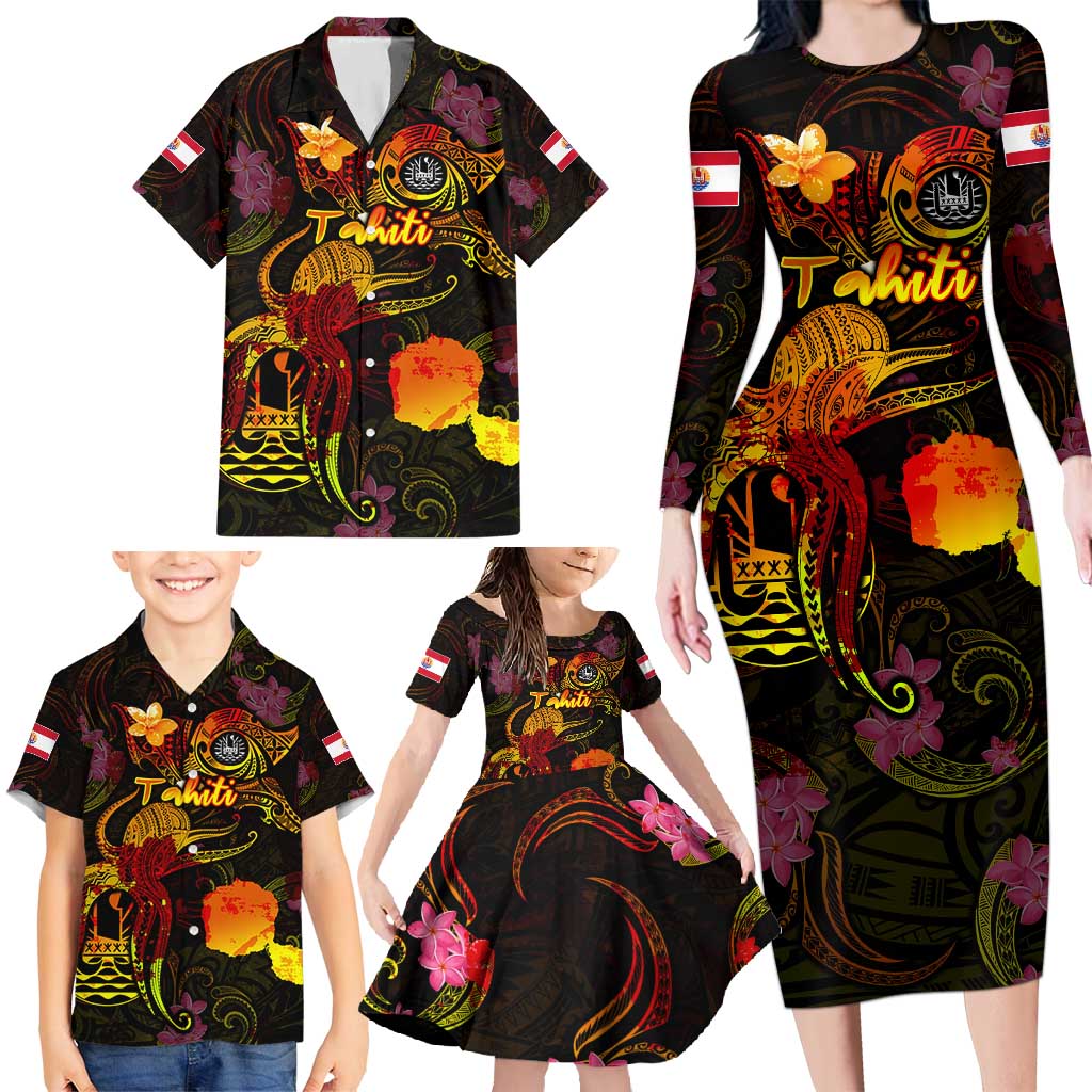 Tahiti French Polynesia Family Matching Long Sleeve Bodycon Dress and Hawaiian Shirt Octopus Plumeria Polynesian Tattoo